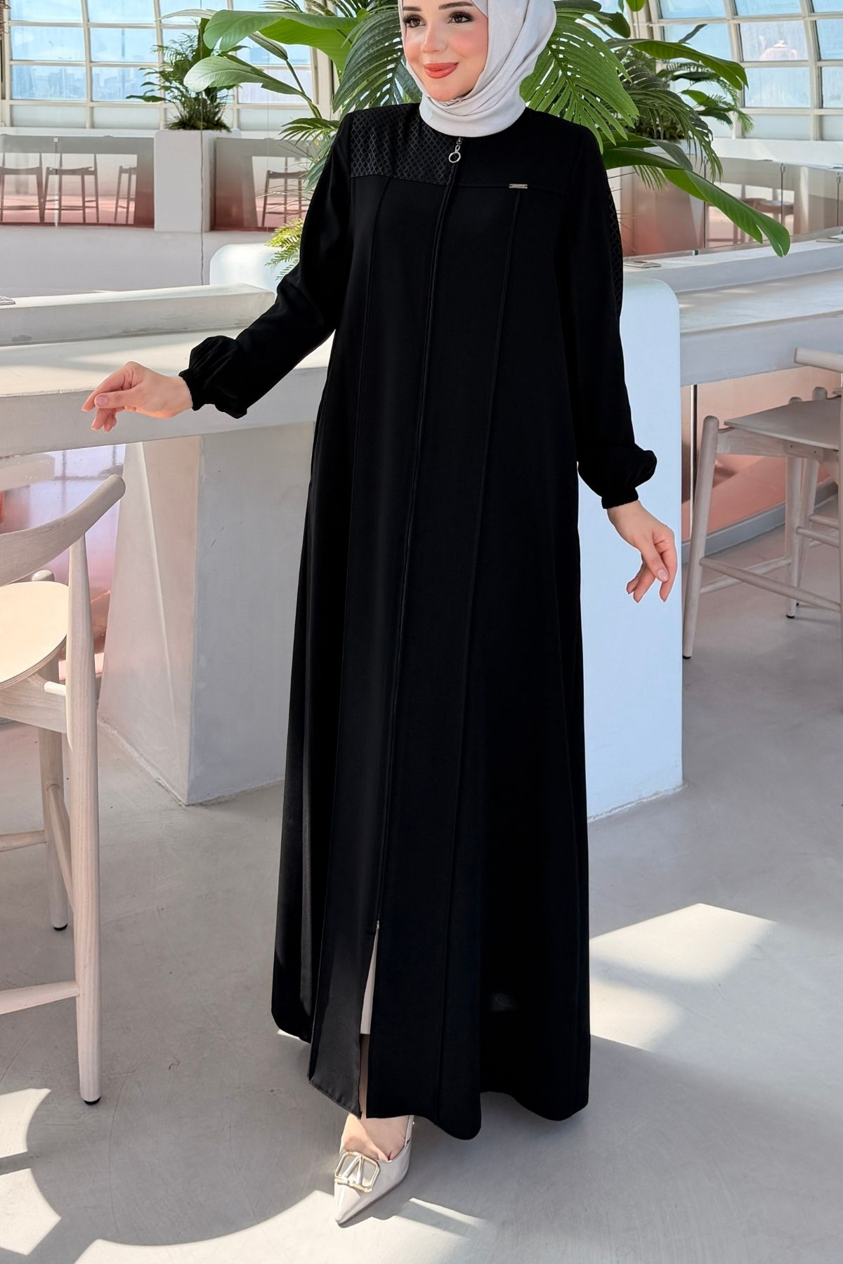 Robası Desen Dokulu Fermuarlı Ferace -Siyah 604 