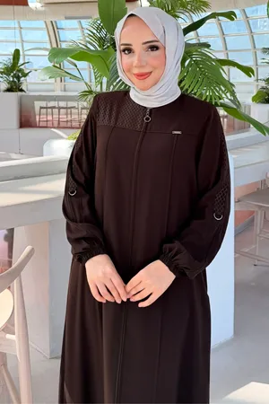 Robası Desen Dokulu Fermuarlı Ferace -Kahverengi 604